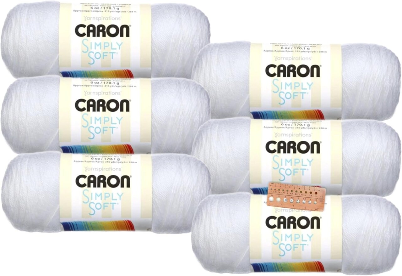 Caron Simply Soft Yarn – 6-Pack Bundle, 6 oz / 170 g Each, 315 Yards, White Worsted Weight Yarn with Needle Gauge for Knitting & Crochet